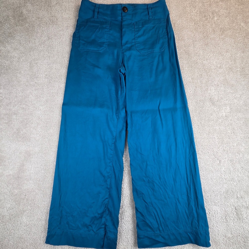 Maeve Anthropologie The Colette Full Length Teal Blue Wide Leg Linen Pants 28P